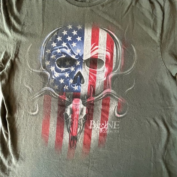 Bone Collector Mens Graphic T Shirt Skull American Flag Print Green Biker - Picture 2 of 4